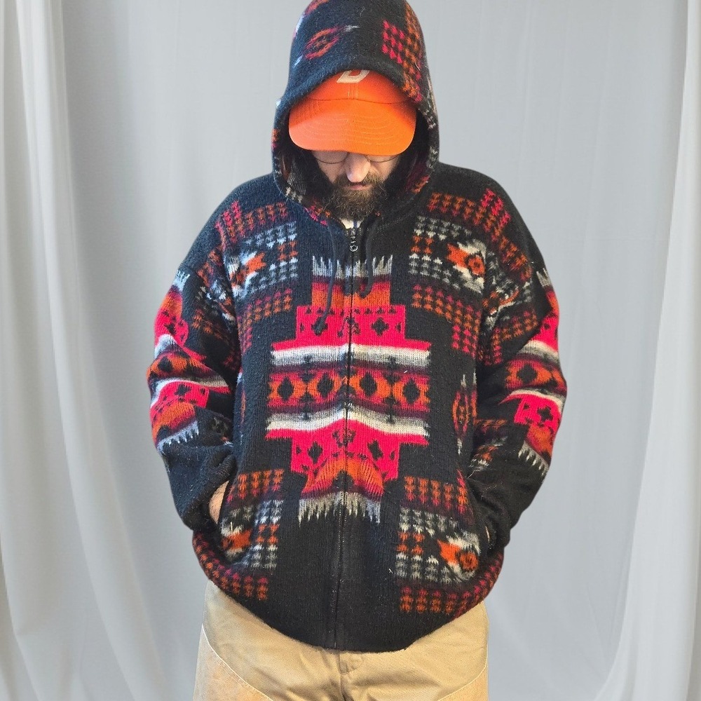 Camptex Men L Wool Hooded Sweater Jacket Black Red Zip Up‎ Knit Otavalo Ecuador